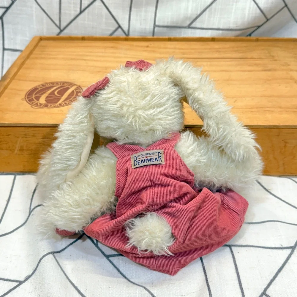 Boyds Bears Bearwear Plush Bunny Rabbit Cream Shaggy Fur Pink Corduroy Dress Bow
